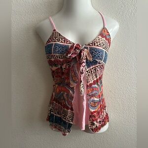 Sophyline Y2K Pink Multicolor Paisley Tie-Front Cami Top